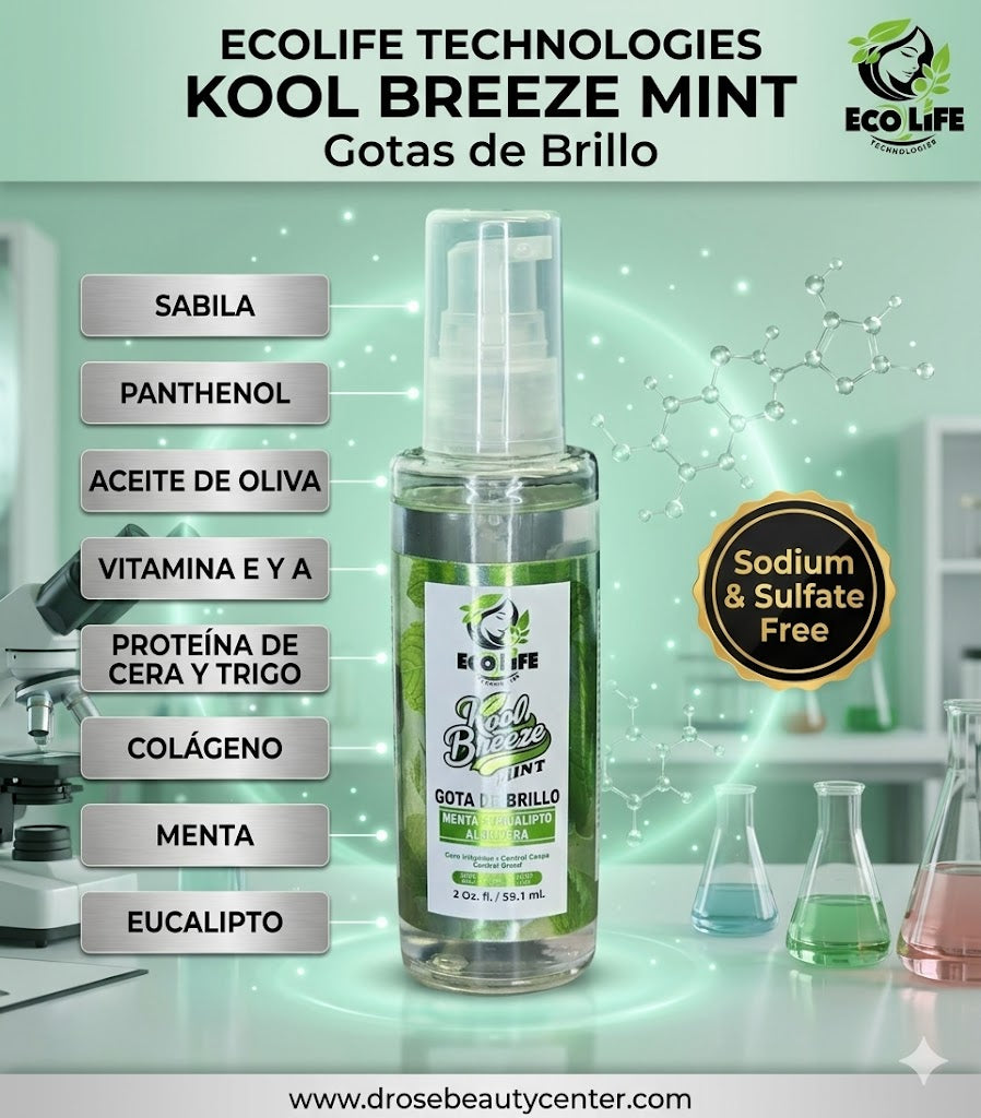 Ecolife Technologies Kool Breeze Mint Gotas de Brillo 2oz ETKBMGB2 – Brillo Capilar con Menta, Eucalipto y Aloe Vera