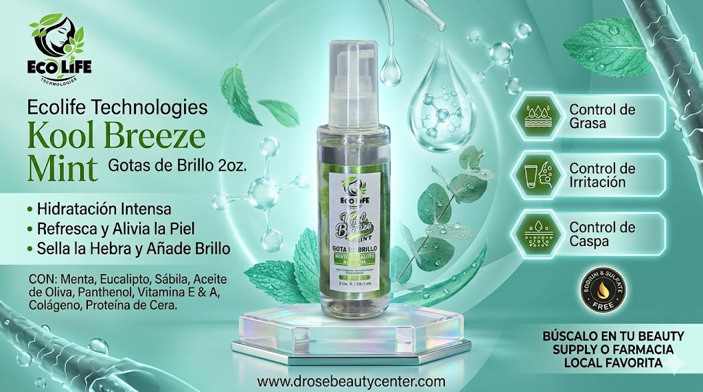 Ecolife Technologies Kool Breeze Mint Gotas de Brillo 2oz ETKBMGB2 – Brillo Capilar con Menta, Eucalipto y Aloe Vera
