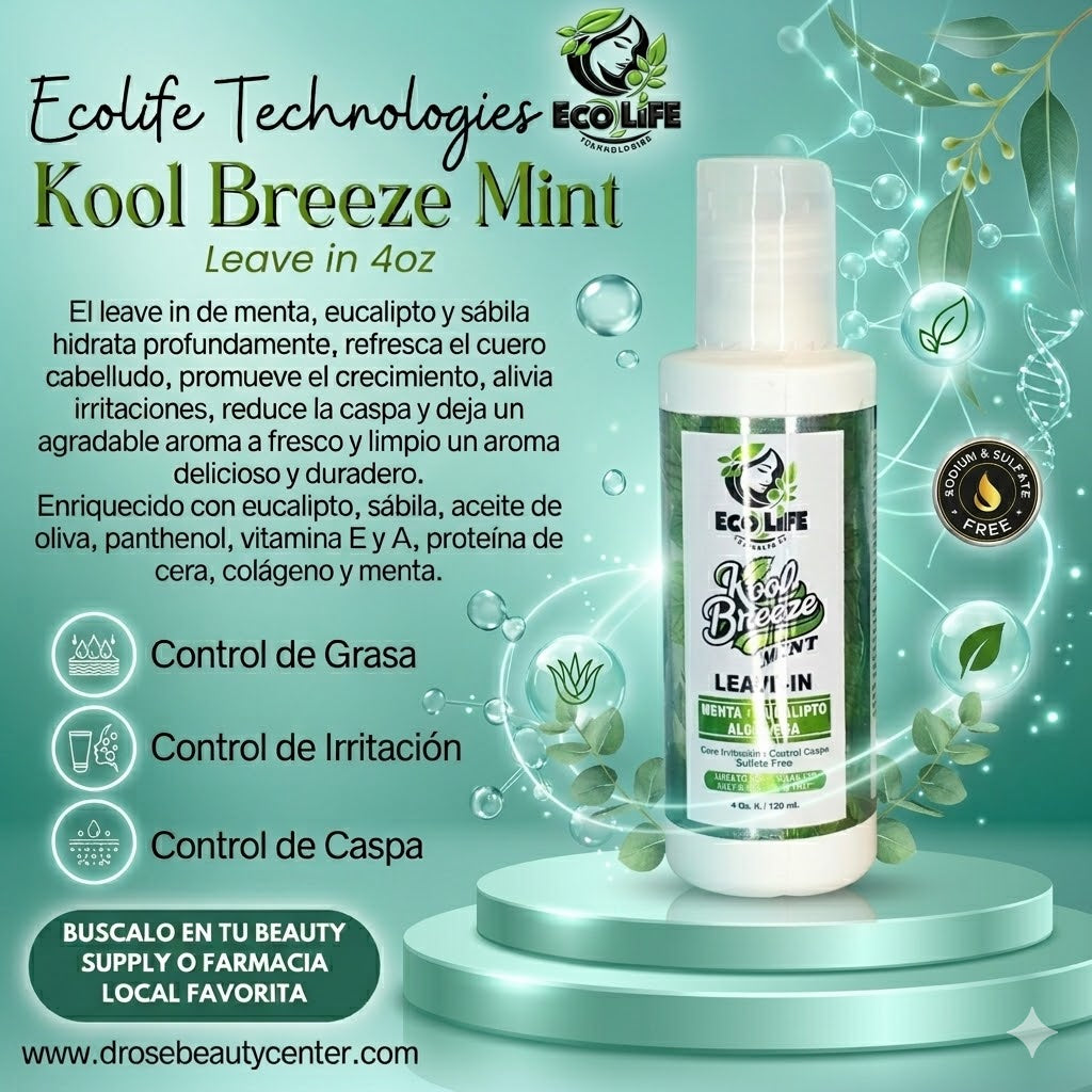 Ecolife Technologies Kool Breeze Mint Leave-In 4oz ETKBMLI4 – Tratamiento sin Enjuague con Menta, Eucalipto y Aloe Vera