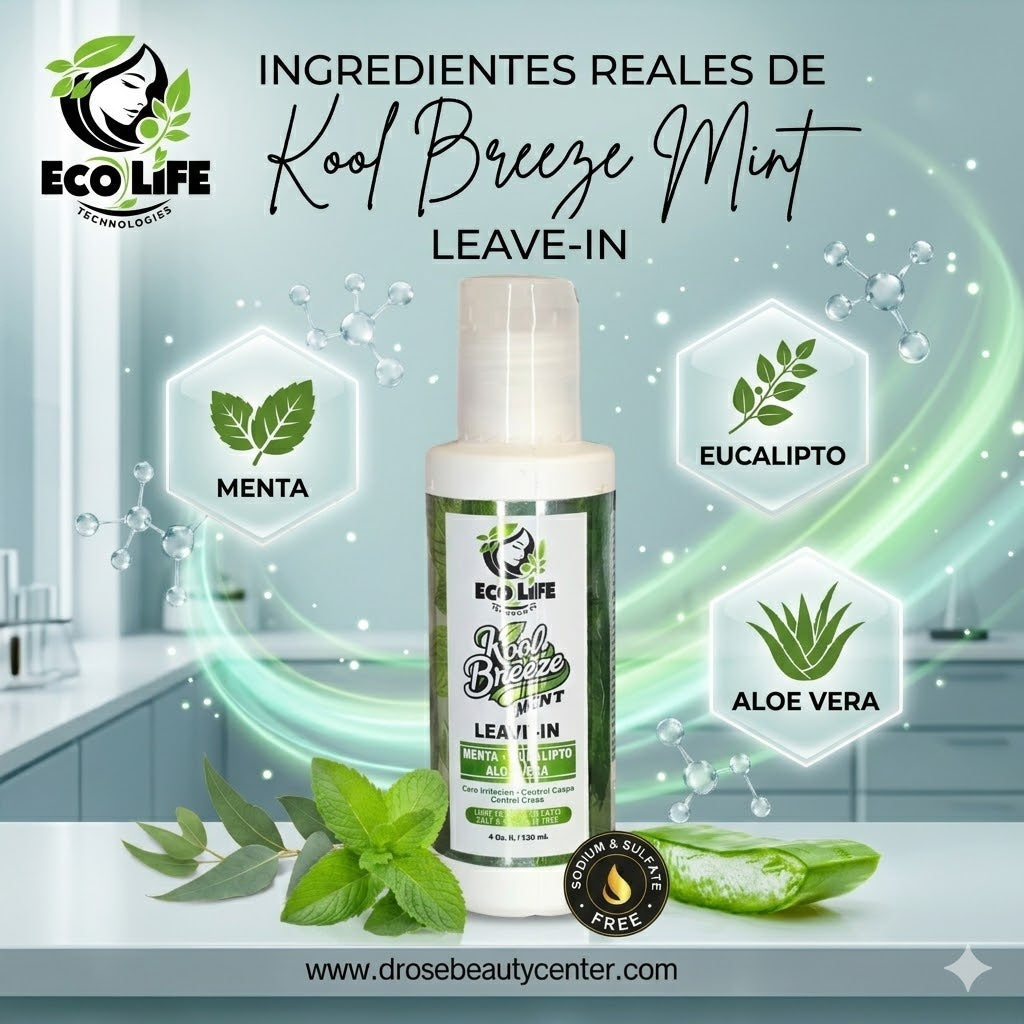 Ecolife Technologies Kool Breeze Mint Leave-In 4oz ETKBMLI4 – Tratamiento sin Enjuague con Menta, Eucalipto y Aloe Vera