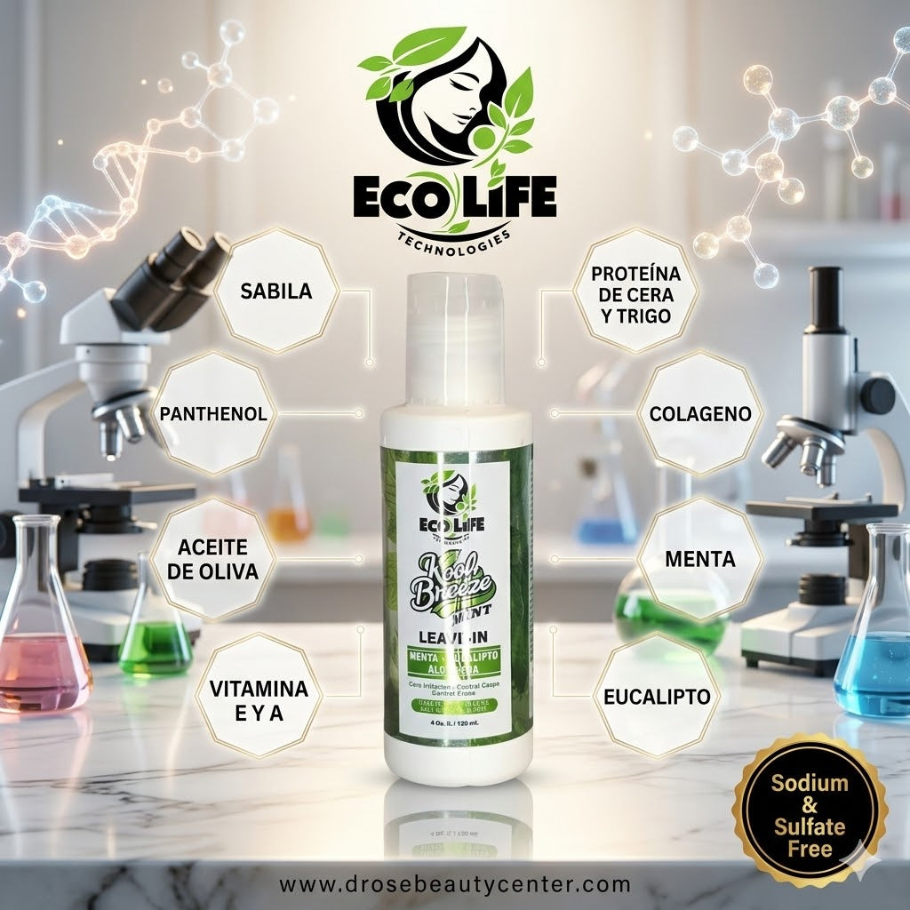 Ecolife Technologies Kool Breeze Mint Leave-In 4oz ETKBMLI4 – Tratamiento sin Enjuague con Menta, Eucalipto y Aloe Vera