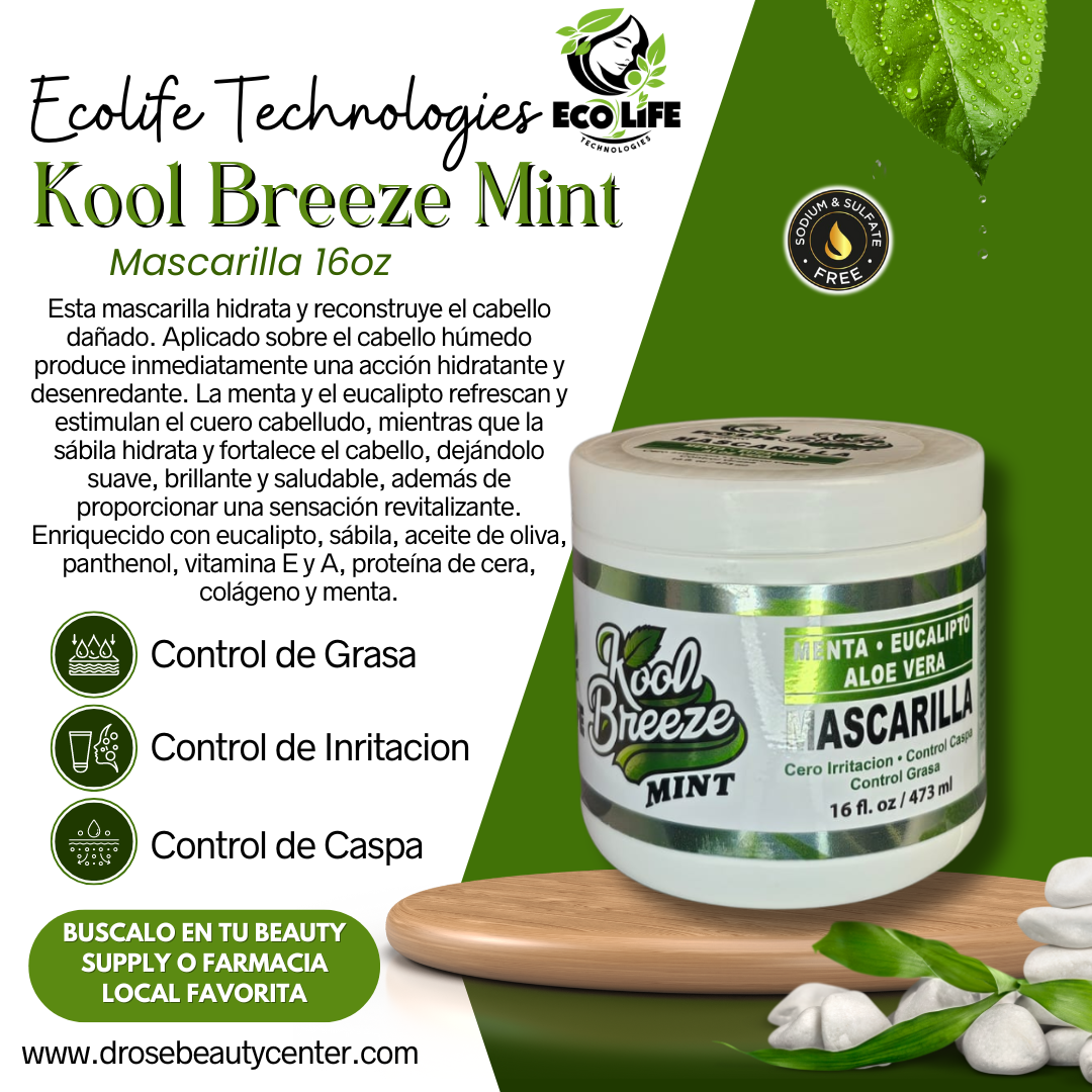 🧊 Mascarilla Capilar Kool Breeze Mint 16oz – Refresca, Hidrata y Repara con Menta, Sábila y Eucalipto
