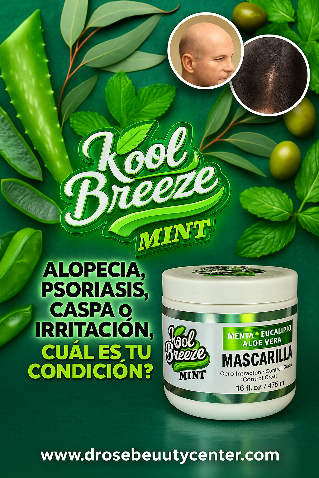 🧊 Mascarilla Capilar Kool Breeze Mint 16oz – Refresca, Hidrata y Repara con Menta, Sábila y Eucalipto