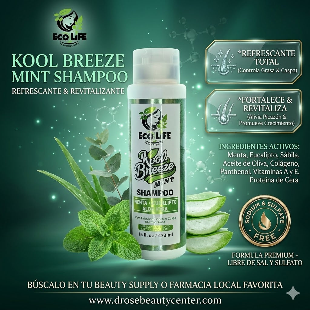 Ecolife Technologies Kool Breeze Mint Shampoo 16oz ETKBMSH16 – Shampoo Refrescante para Caspa, Grasa e Irritación del Cuero Cabelludo