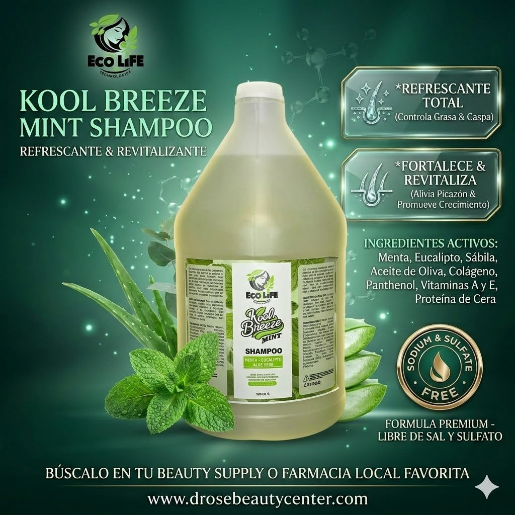 Ecolife Technologies Kool Breeze Mint Shampoo Galón 128oz ETKBMSHG – Shampoo Refrescante para Caspa, Grasa e Irritación del Cuero Cabelludo