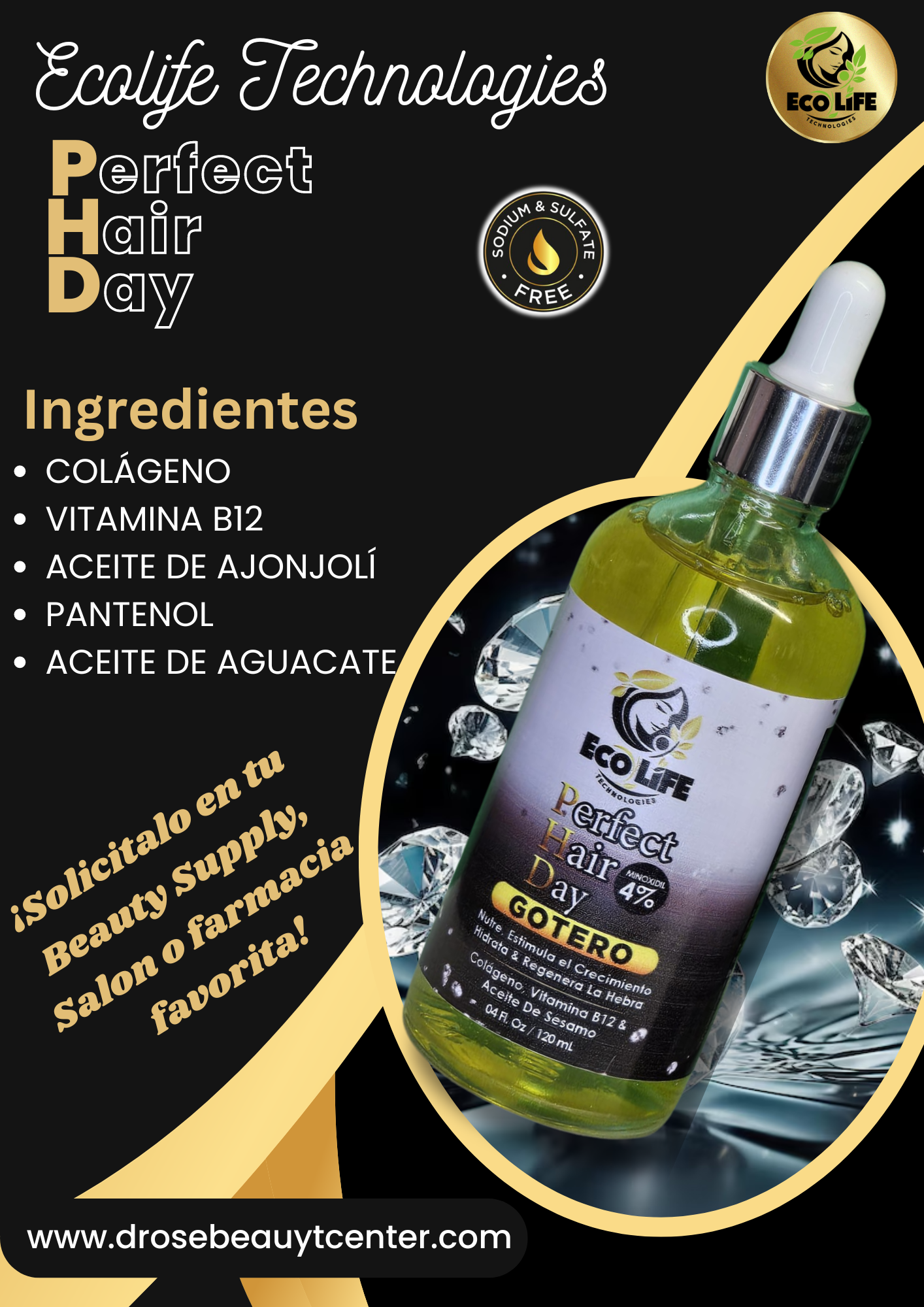 ✨ ECOLIFE TECHNOLOGIES PHD GOTERO ANTICAÍDA 4OZ - MINOXIDIL 4% ✨