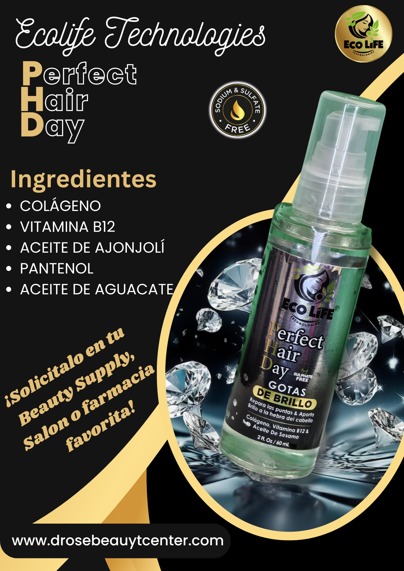 💎 Gotas de Brillo ECOLIFE PHD 2oz – Repara, Hidrata y Brilla tu Cabello