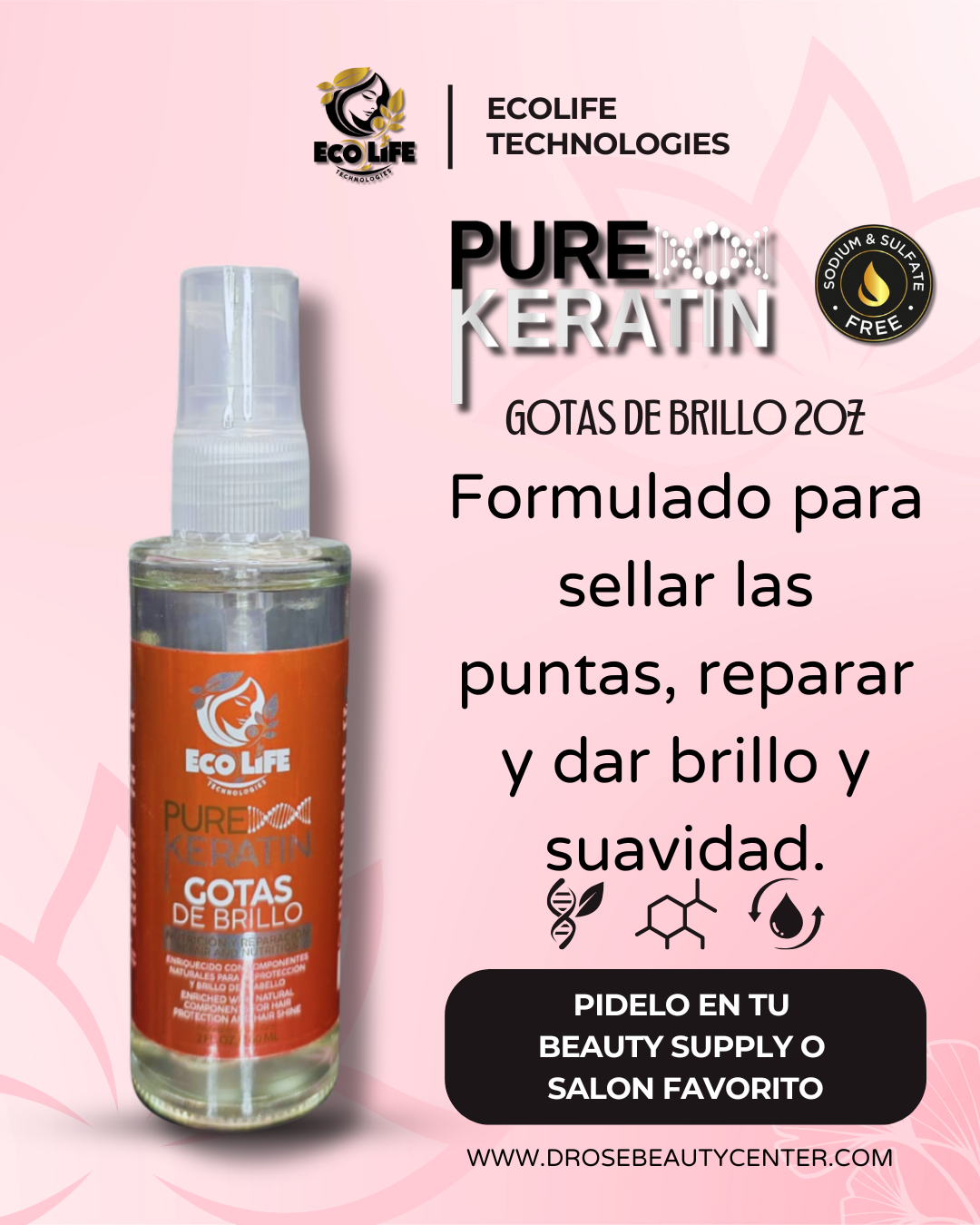 ✨ ECOLIFE TECHNOLOGIES – PURE KERATIN GOTAS DE BRILLO 2 OZ