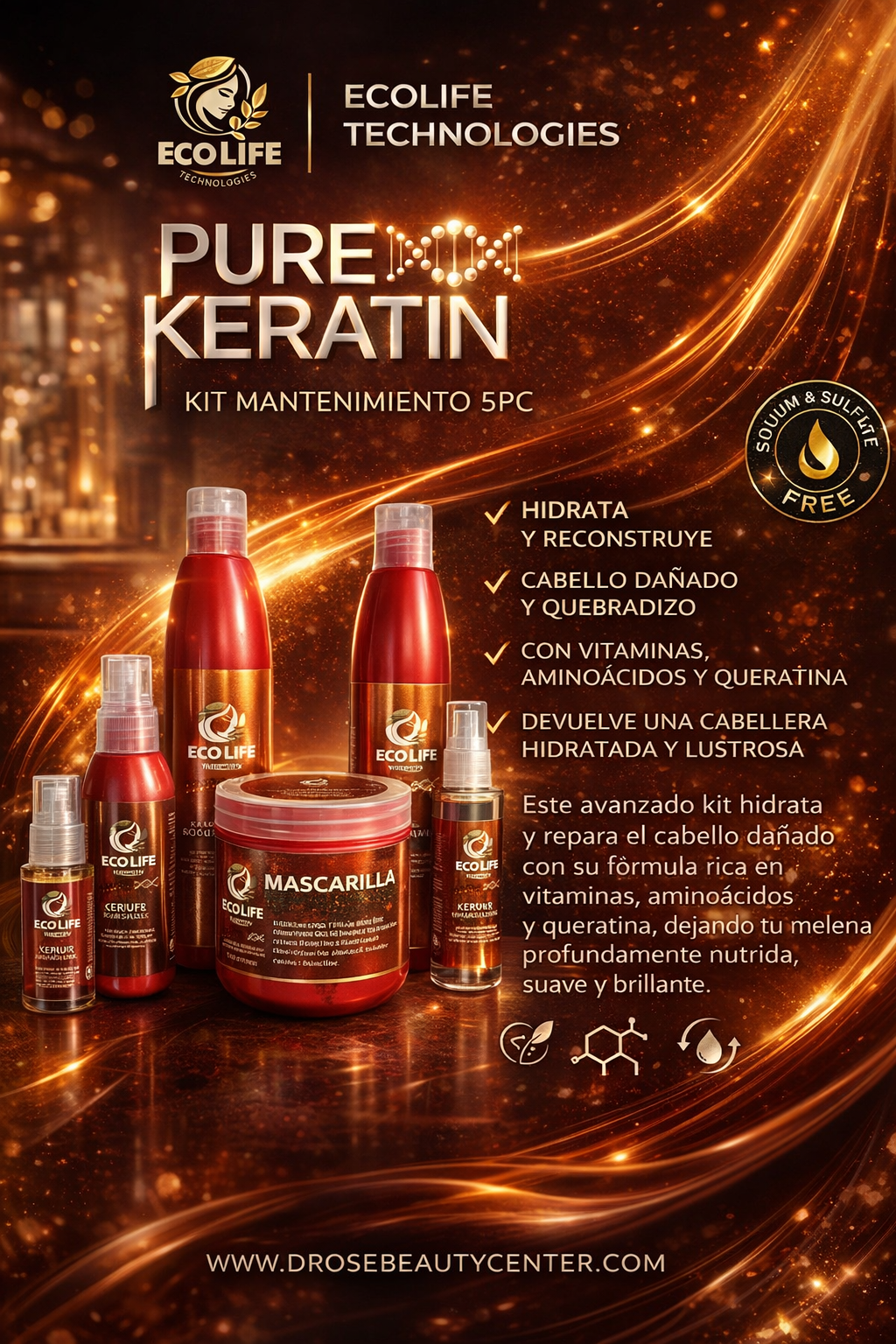 ✨ Pure Keratin Kit de Mantenimiento 5PZ + Ampolla Gratis – Reparación, Nutrición y Brillo Profesional ✨