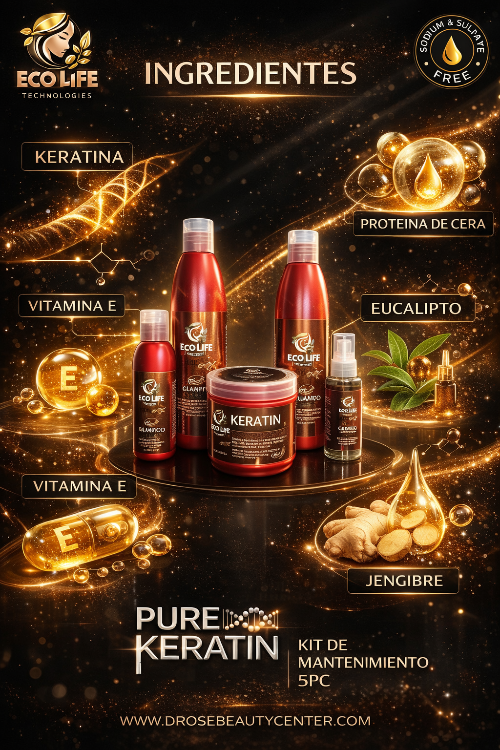 ✨ Pure Keratin Kit de Mantenimiento 5PZ + Ampolla Gratis – Reparación, Nutrición y Brillo Profesional ✨