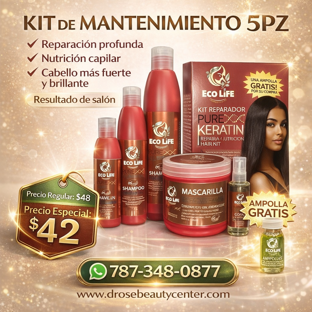 ✨ Pure Keratin Kit de Mantenimiento 5PZ + Ampolla Gratis – Reparación, Nutrición y Brillo Profesional ✨