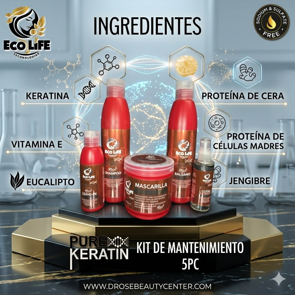 ✨ Pure Keratin Kit de Mantenimiento 5PZ + Ampolla Gratis – Reparación, Nutrición y Brillo Profesional ✨