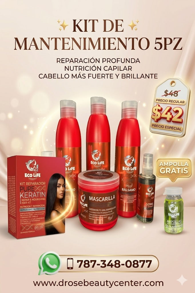 ✨ Pure Keratin Kit de Mantenimiento 5PZ + Ampolla Gratis – Reparación, Nutrición y Brillo Profesional ✨