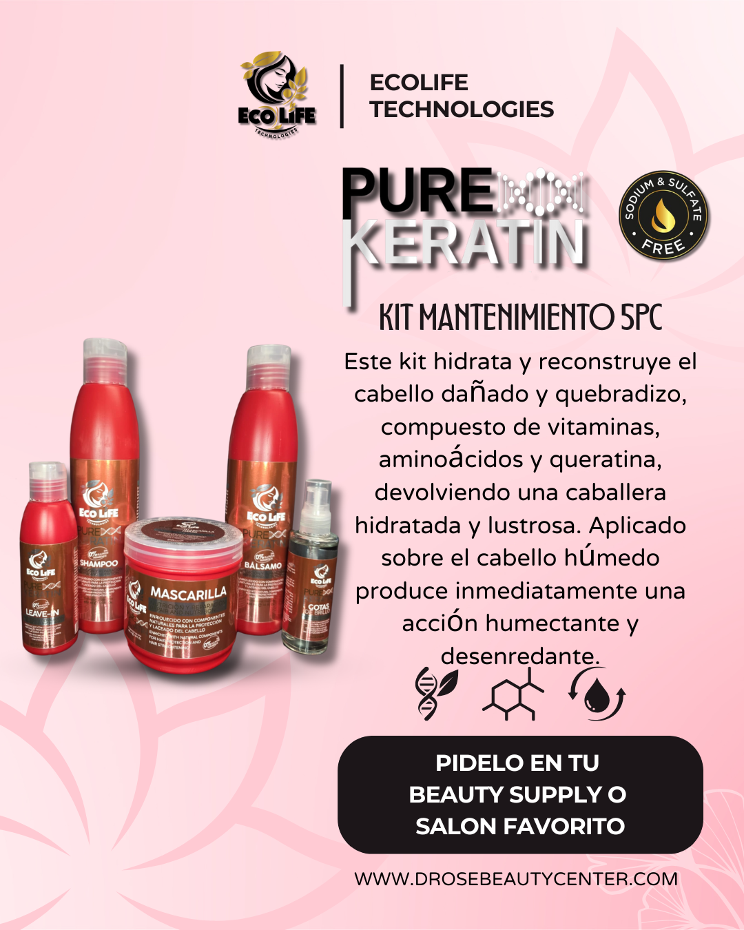 ✨ Ecolife Technologies – Pure Keratin Kit de Mantenimiento 5PC + Ampolla Gratis