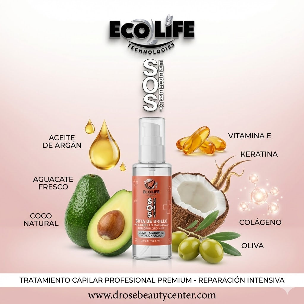 Ecolife Technologies SOS Emergency Gota de Brillo Reconstructora 2oz para Cabello Maltratado y Opaco