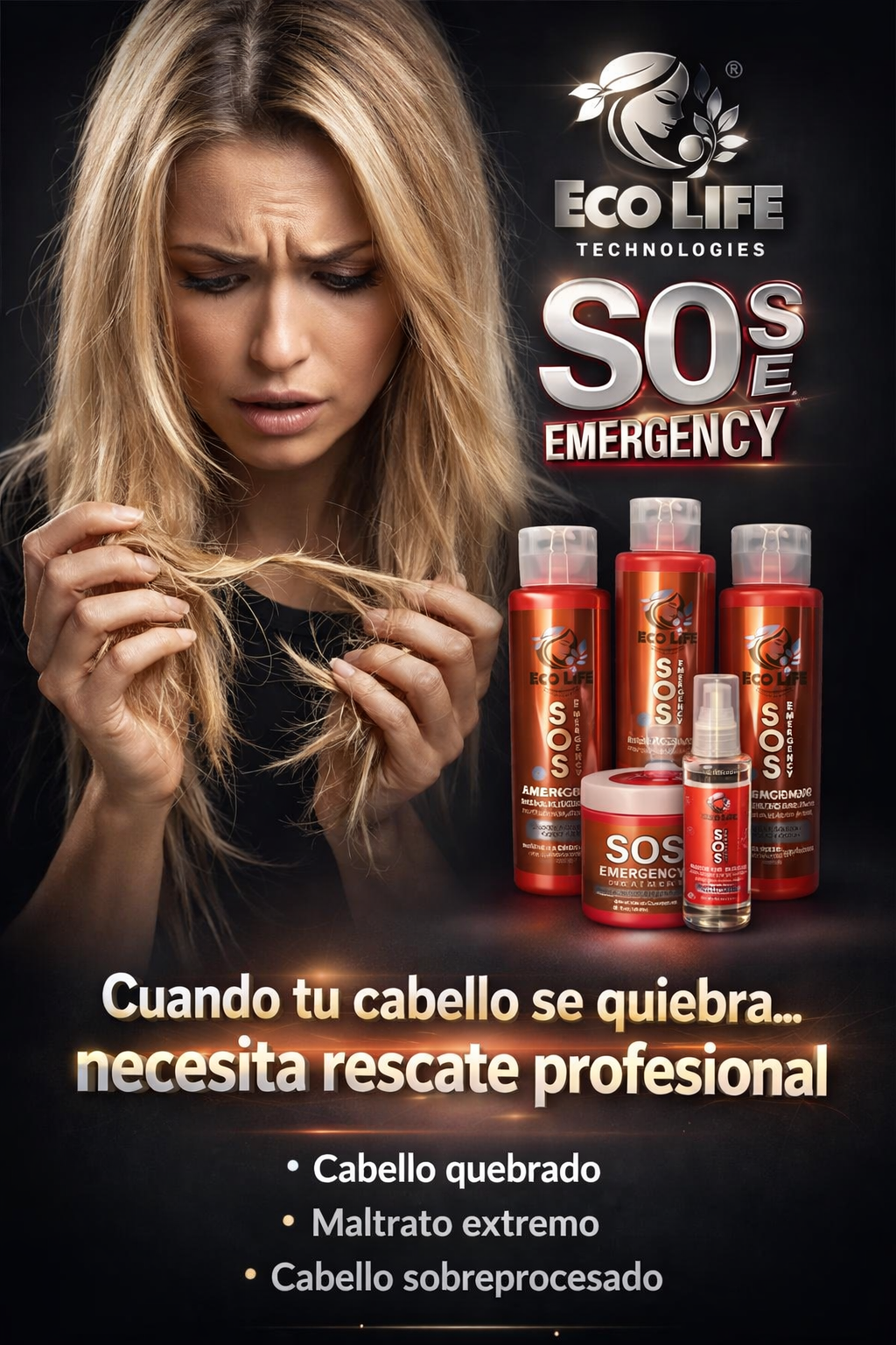 Ecolife Technologies SOS Emergency Leave-In Reconstructor Capilar 4oz – Reparación Intensiva para Cabello Dañado y Maltratado