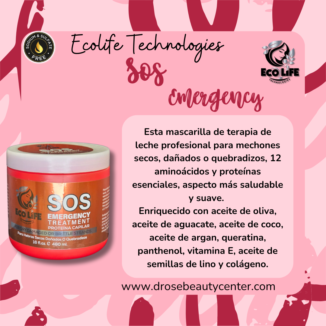 Ecolife Technologies SOS Emergency Mascarilla Reconstructora Intensiva para Cabello Dañado 16oz – Libre de Sulfatos y Parabenos