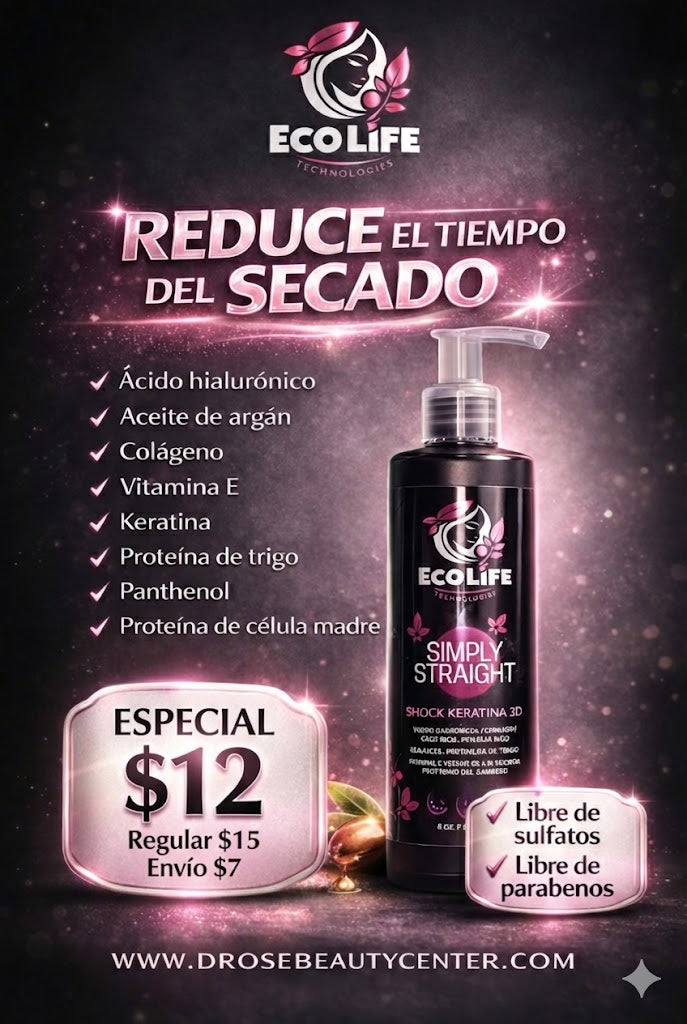 🟢 ECOLIFE TECHNOLOGIES SIMPLY STRAIGHT SHOCK KERATINA 3D LEAVE-IN 8oz / 240 ml