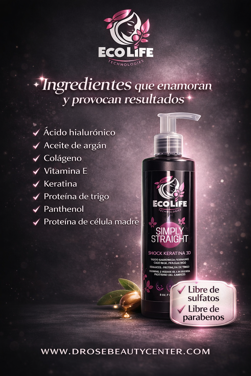 🟢 ECOLIFE TECHNOLOGIES SIMPLY STRAIGHT SHOCK KERATINA 3D LEAVE-IN 8oz / 240 ml