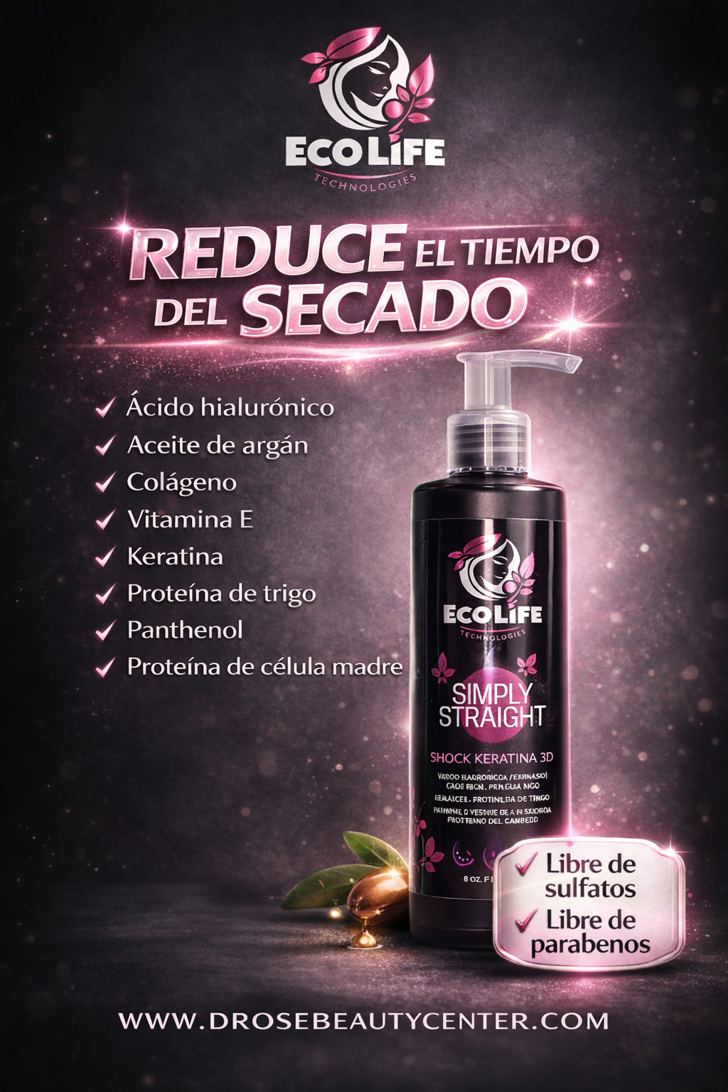 🟢 ECOLIFE TECHNOLOGIES SIMPLY STRAIGHT SHOCK KERATINA 3D LEAVE-IN 8oz / 240 ml