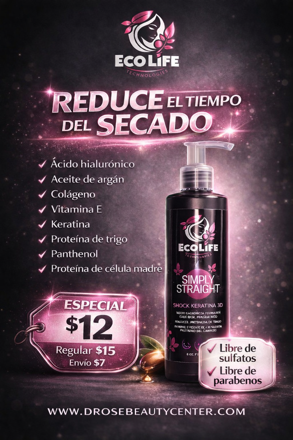 🟢 ECOLIFE TECHNOLOGIES SIMPLY STRAIGHT SHOCK KERATINA 3D LEAVE-IN 8oz / 240 ml