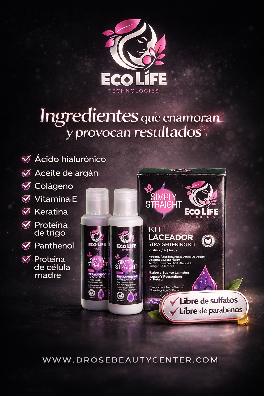 🟣 ECOLIFE TECHNOLOGIES SIMPLY STRAIGHT KIT LACEADOR ANTI FRIZZ 2 OZ | Alisado + Reconstrucción