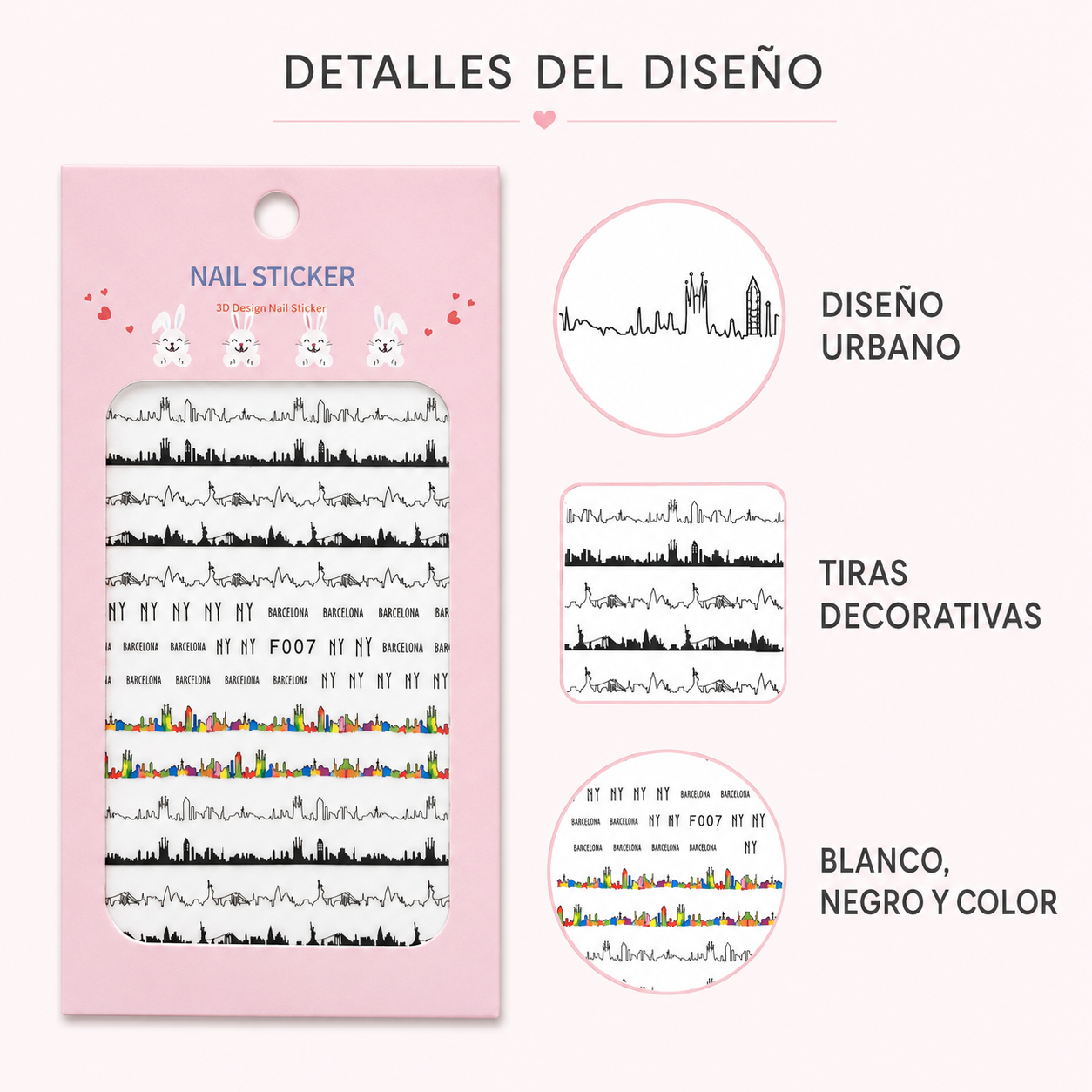 Nail Sticker 3D F007 – Diseños Urbanos de Ciudades, NY y Barcelona