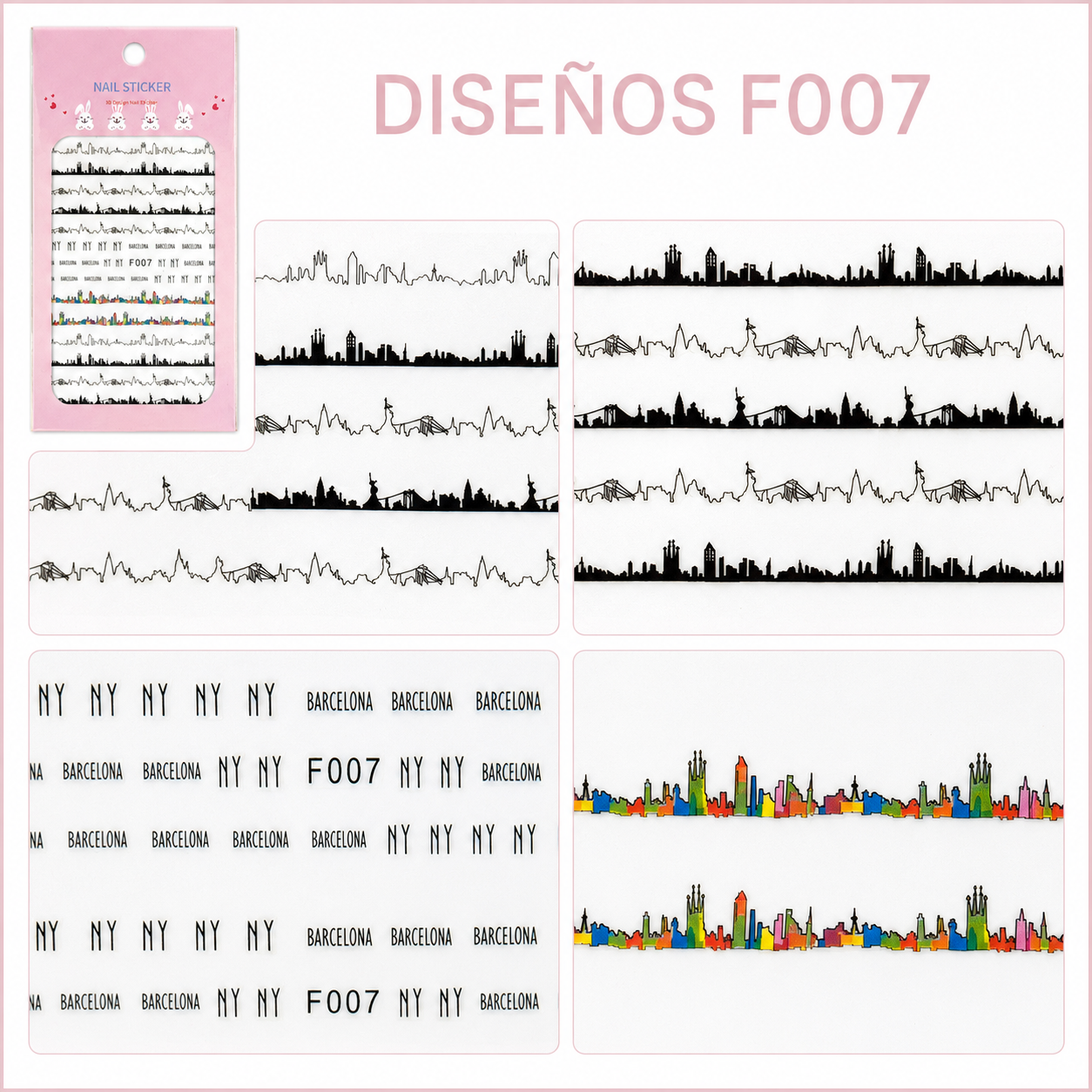 Nail Sticker 3D F007 – Diseños Urbanos de Ciudades, NY y Barcelona