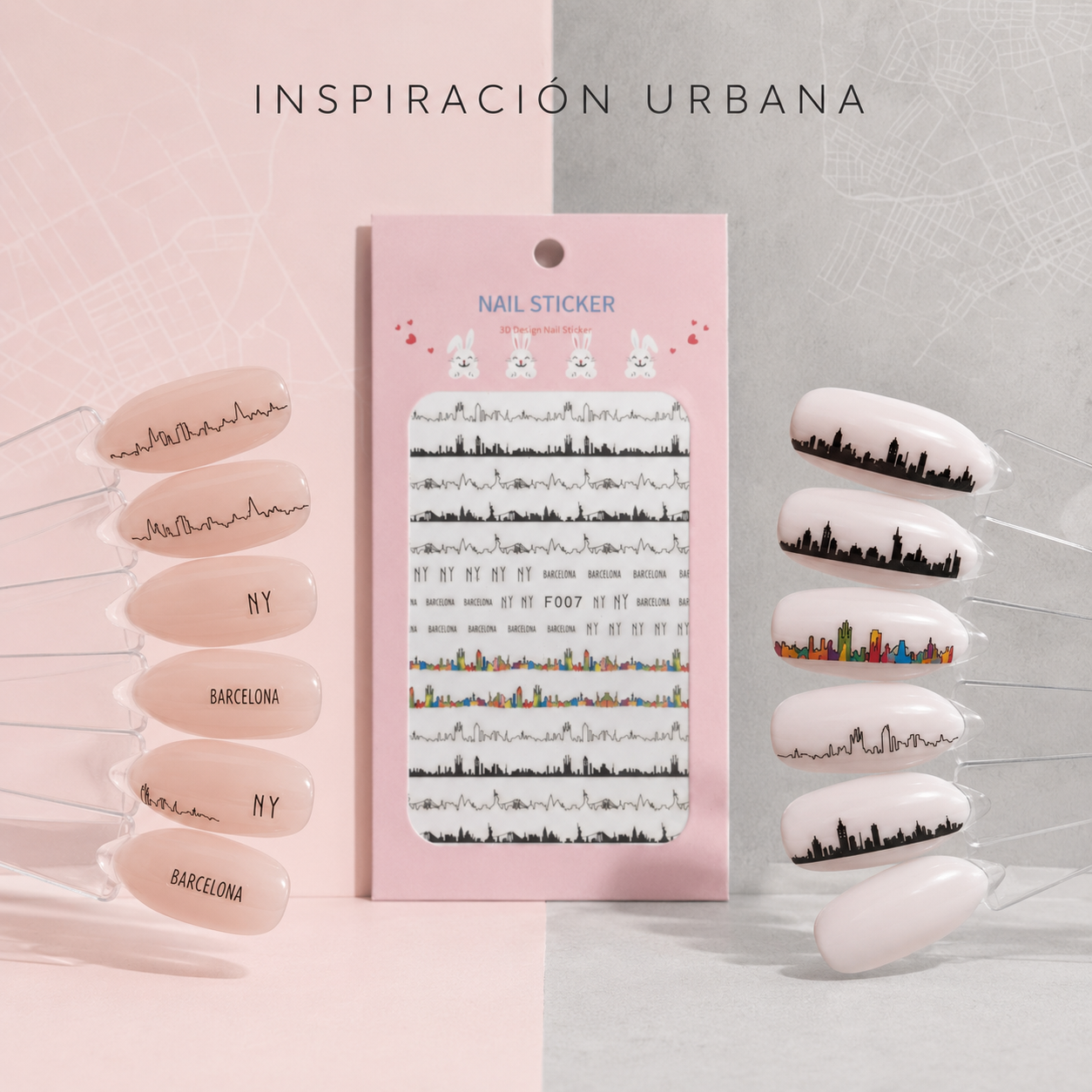 Nail Sticker 3D F007 – Diseños Urbanos de Ciudades, NY y Barcelona
