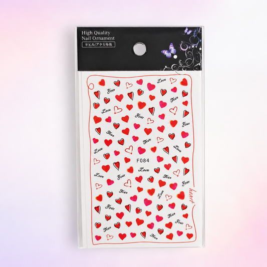 Spiral Nail Stickers F084 – Corazones Rojos, Rosados y Frases Románticas