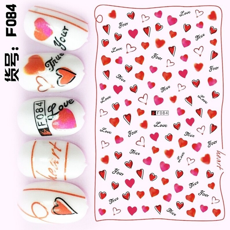 Spiral Nail Stickers F084 – Corazones Rojos, Rosados y Frases Románticas