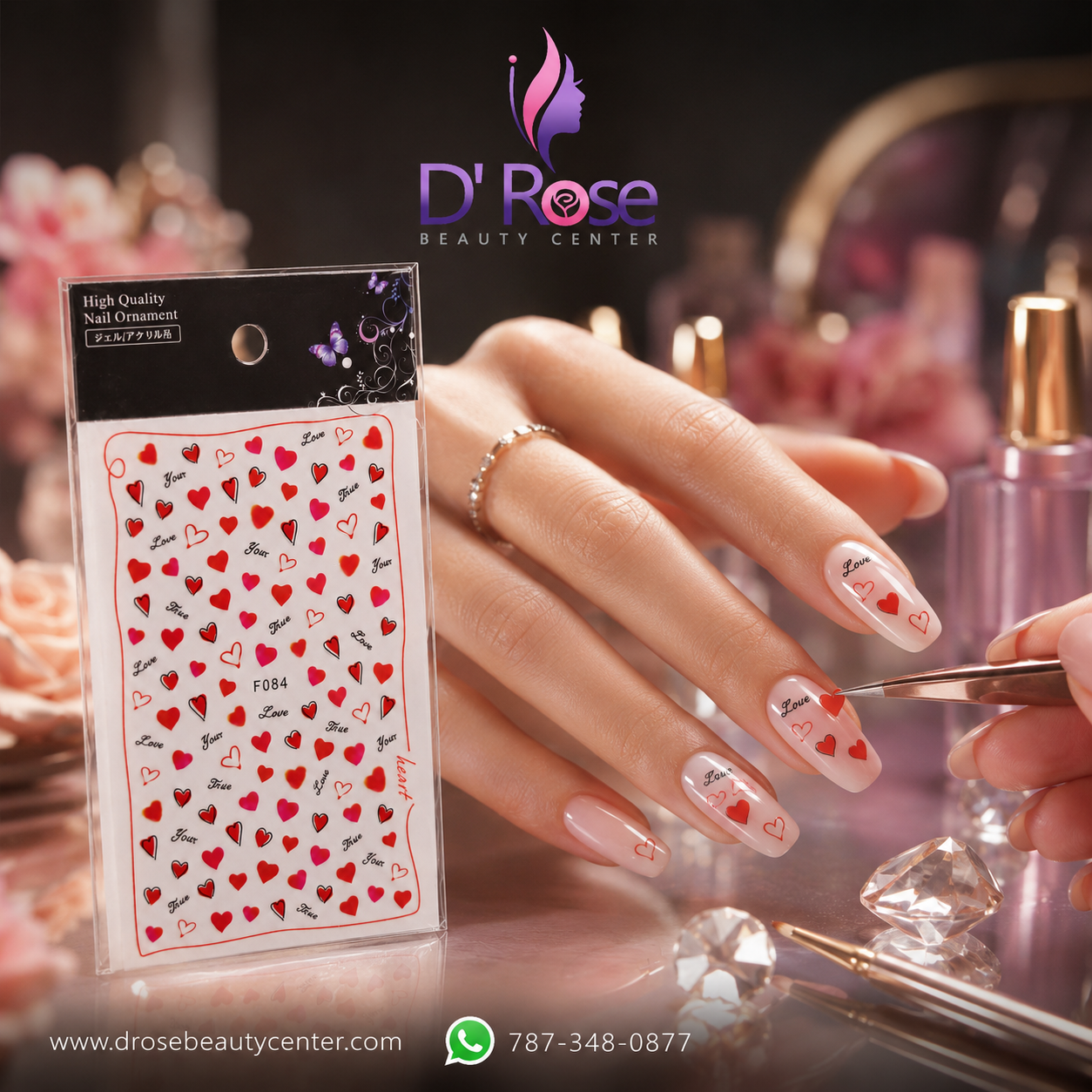 Spiral Nail Stickers F084 – Corazones Rojos, Rosados y Frases Románticas