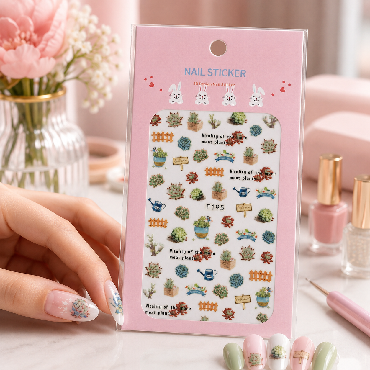 Nail Sticker 3D F195 – Diseños de Suculentas y Jardín para Uñas