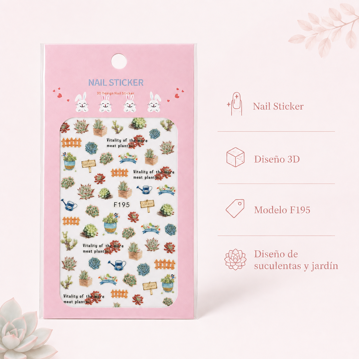 Nail Sticker 3D F195 – Diseños de Suculentas y Jardín para Uñas
