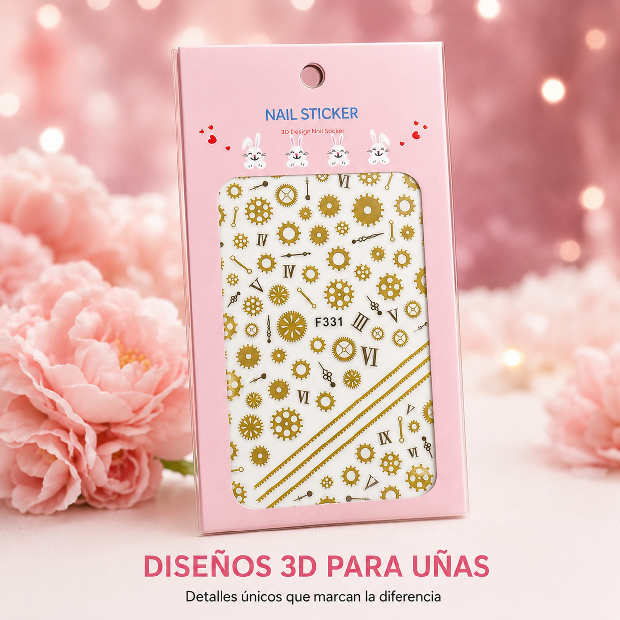 Nail Sticker 3D F331 – Engranajes y Números Romanos Dorados
