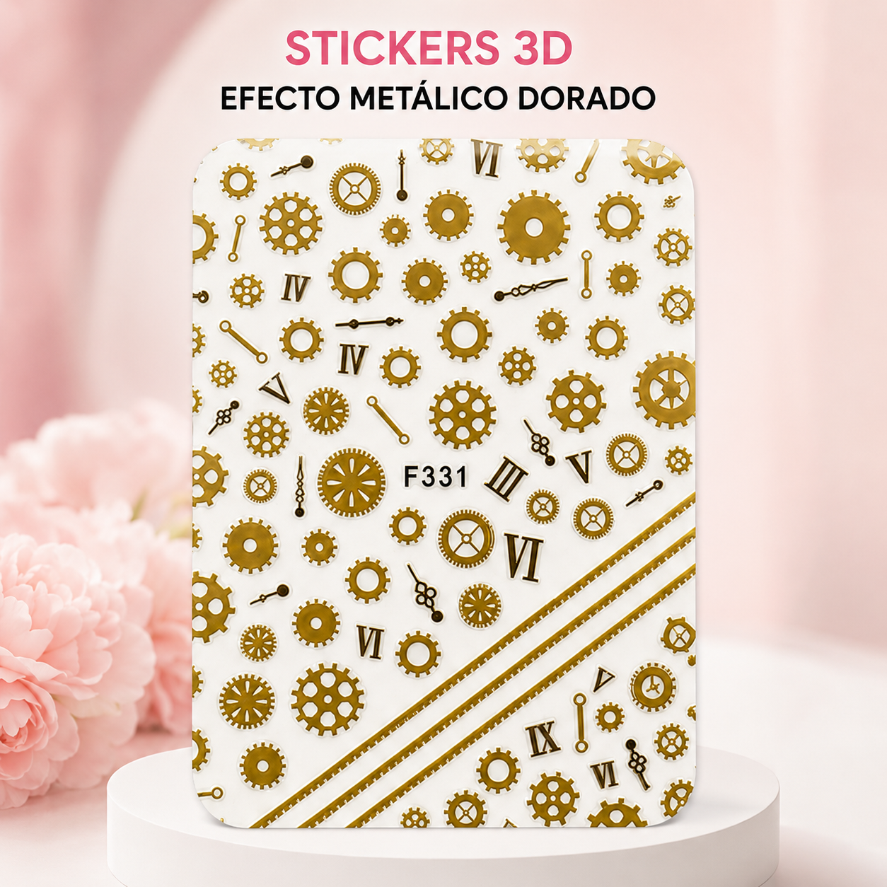 Nail Sticker 3D F331 – Engranajes y Números Romanos Dorados