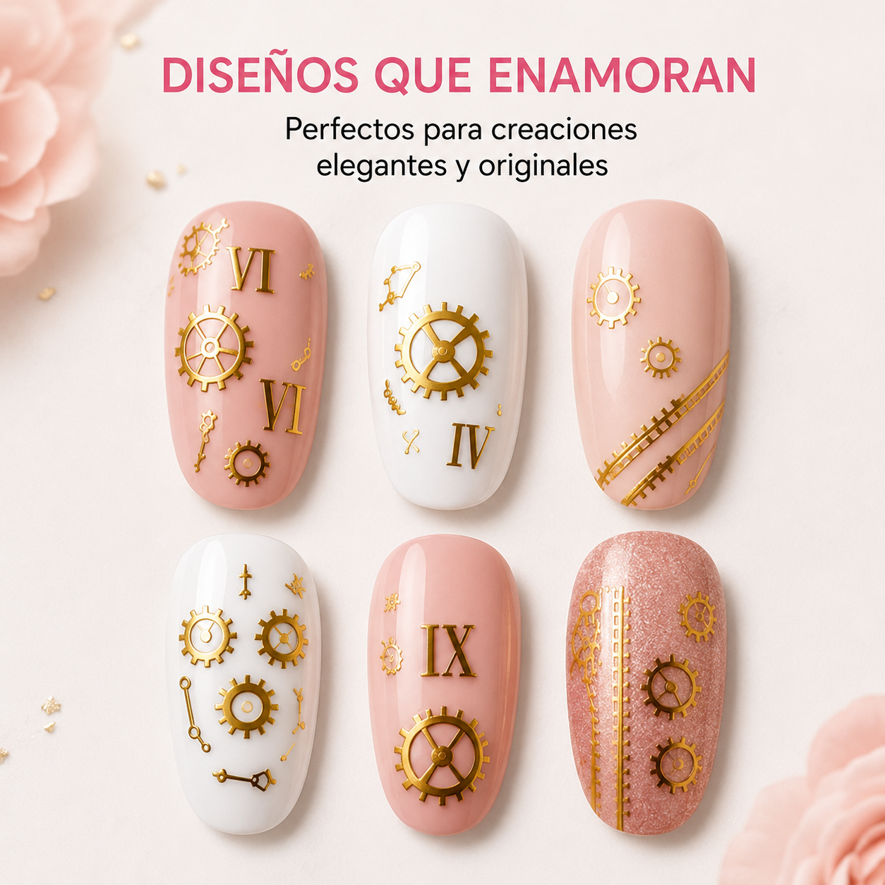 Nail Sticker 3D F331 – Engranajes y Números Romanos Dorados