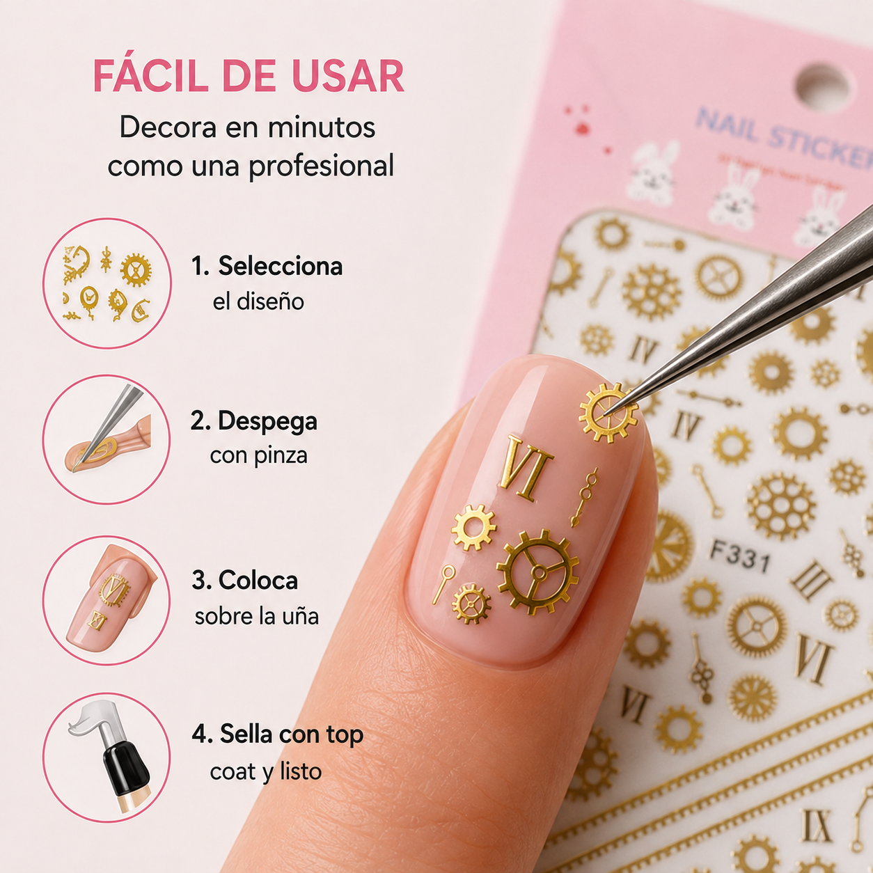 Nail Sticker 3D F331 – Engranajes y Números Romanos Dorados