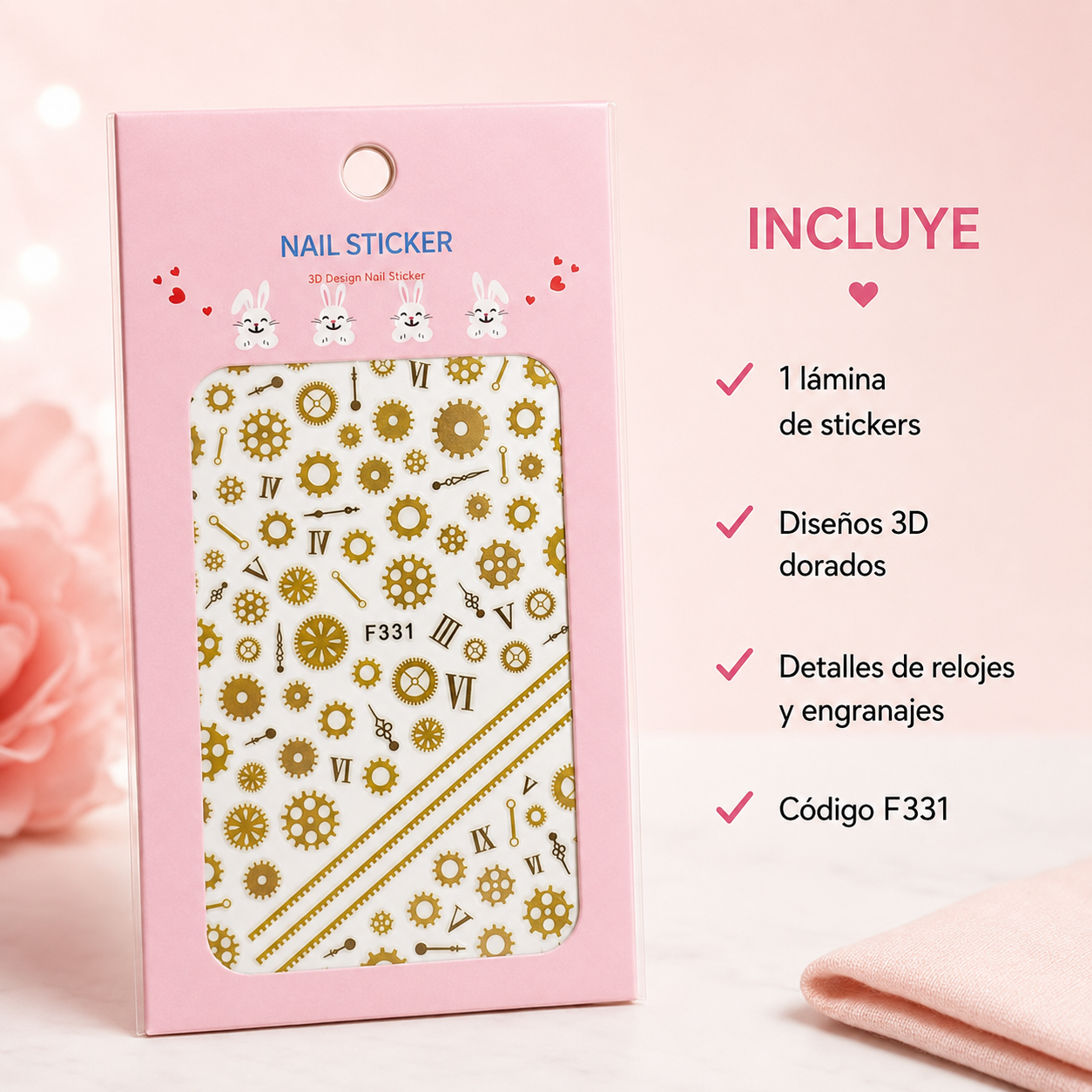 Nail Sticker 3D F331 – Engranajes y Números Romanos Dorados