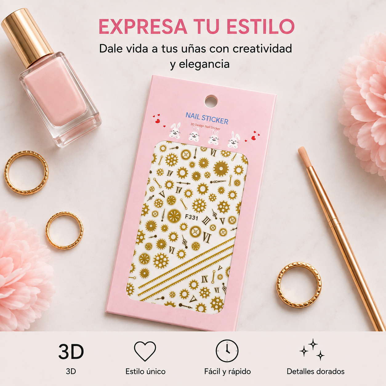 Nail Sticker 3D F331 – Engranajes y Números Romanos Dorados