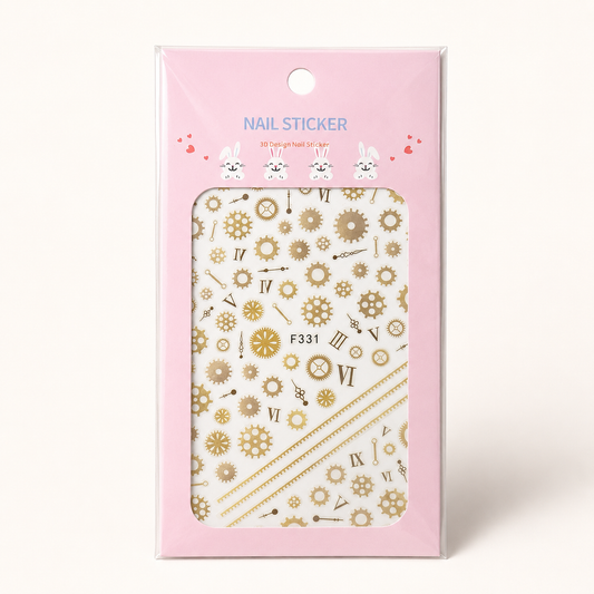 Nail Sticker 3D F331 – Engranajes y Números Romanos Dorados