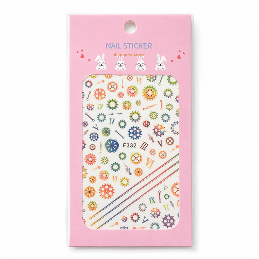 Nail Sticker 3D F332 – Engranajes, Relojes y Detalles Mecánicos Multicolor