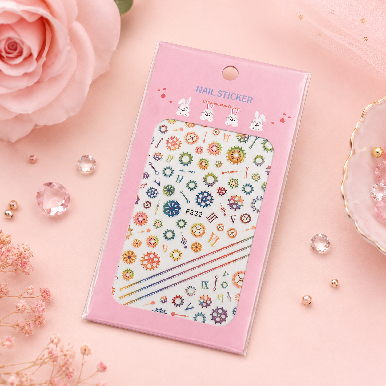 Nail Sticker 3D F332 – Engranajes, Relojes y Detalles Mecánicos Multicolor