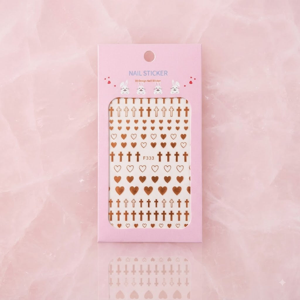 Nail Sticker 3D F333 – Corazones y Cruces Naranja Cobrizo