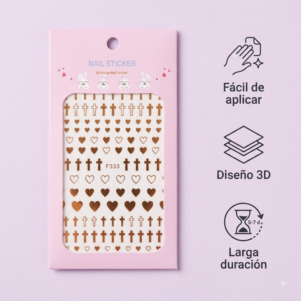 Nail Sticker 3D F333 – Corazones y Cruces Naranja Cobrizo
