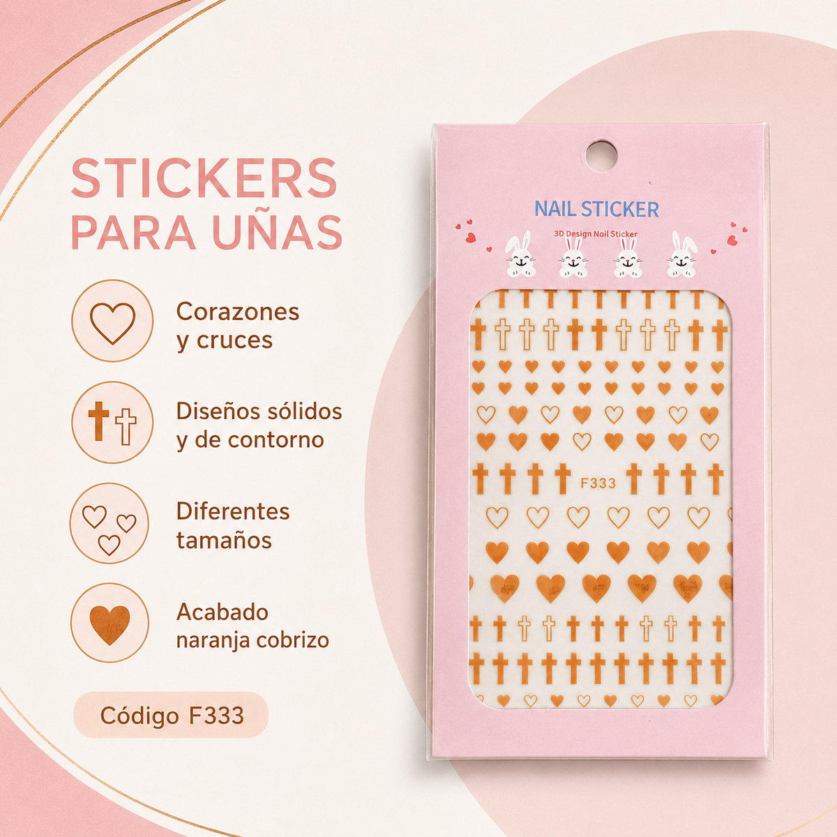 Nail Sticker 3D F333 – Corazones y Cruces Naranja Cobrizo