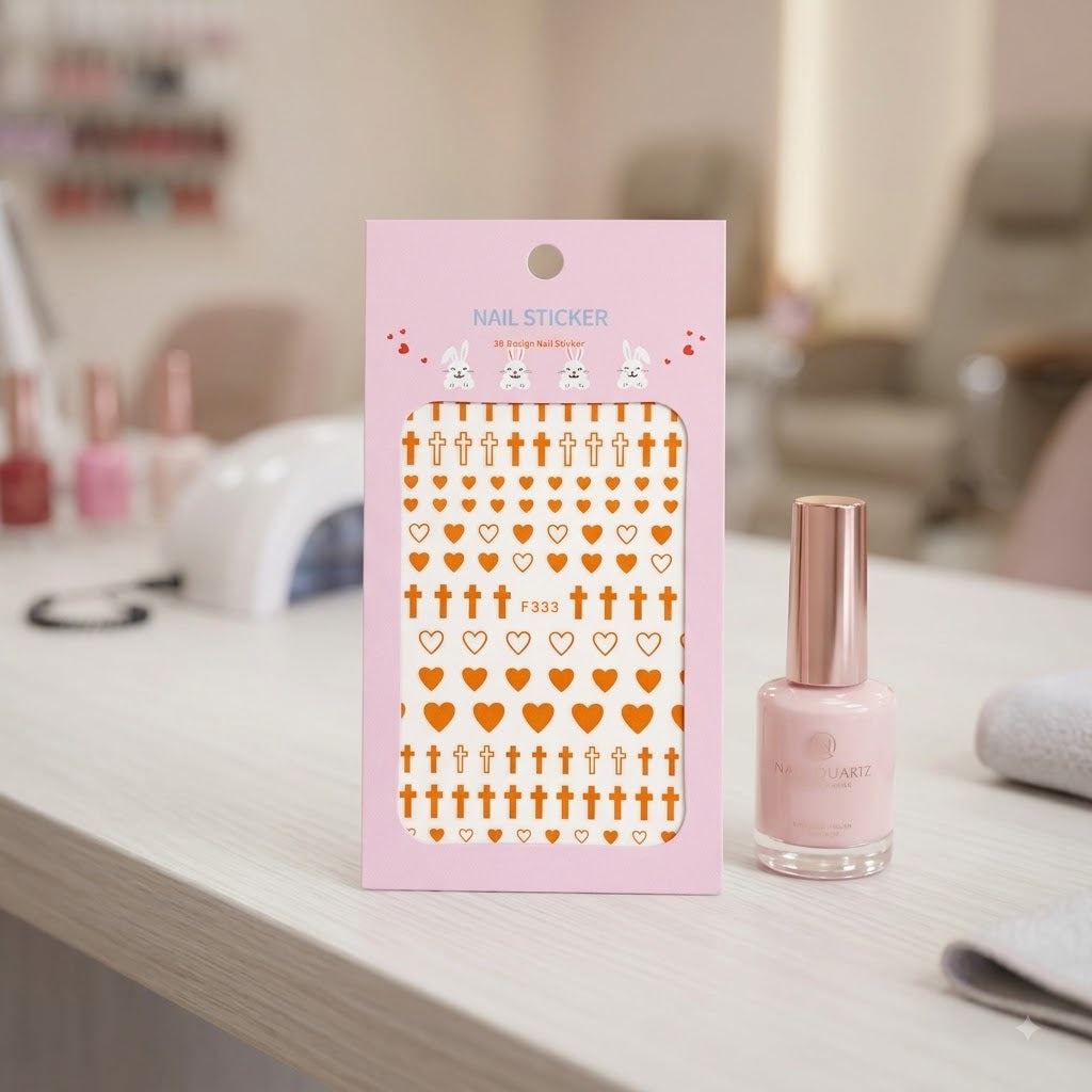 Nail Sticker 3D F333 – Corazones y Cruces Naranja Cobrizo