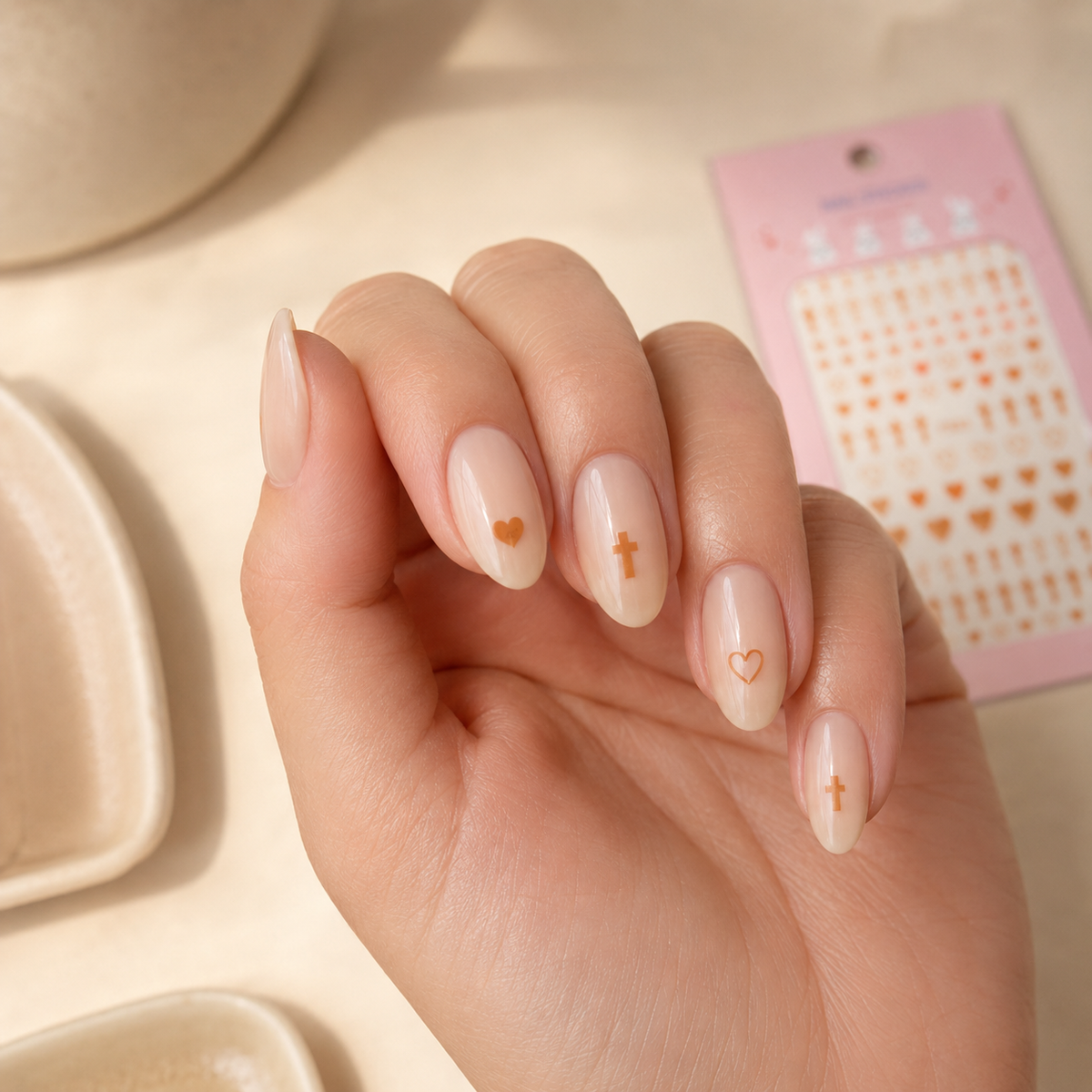 Nail Sticker 3D F333 – Corazones y Cruces Naranja Cobrizo