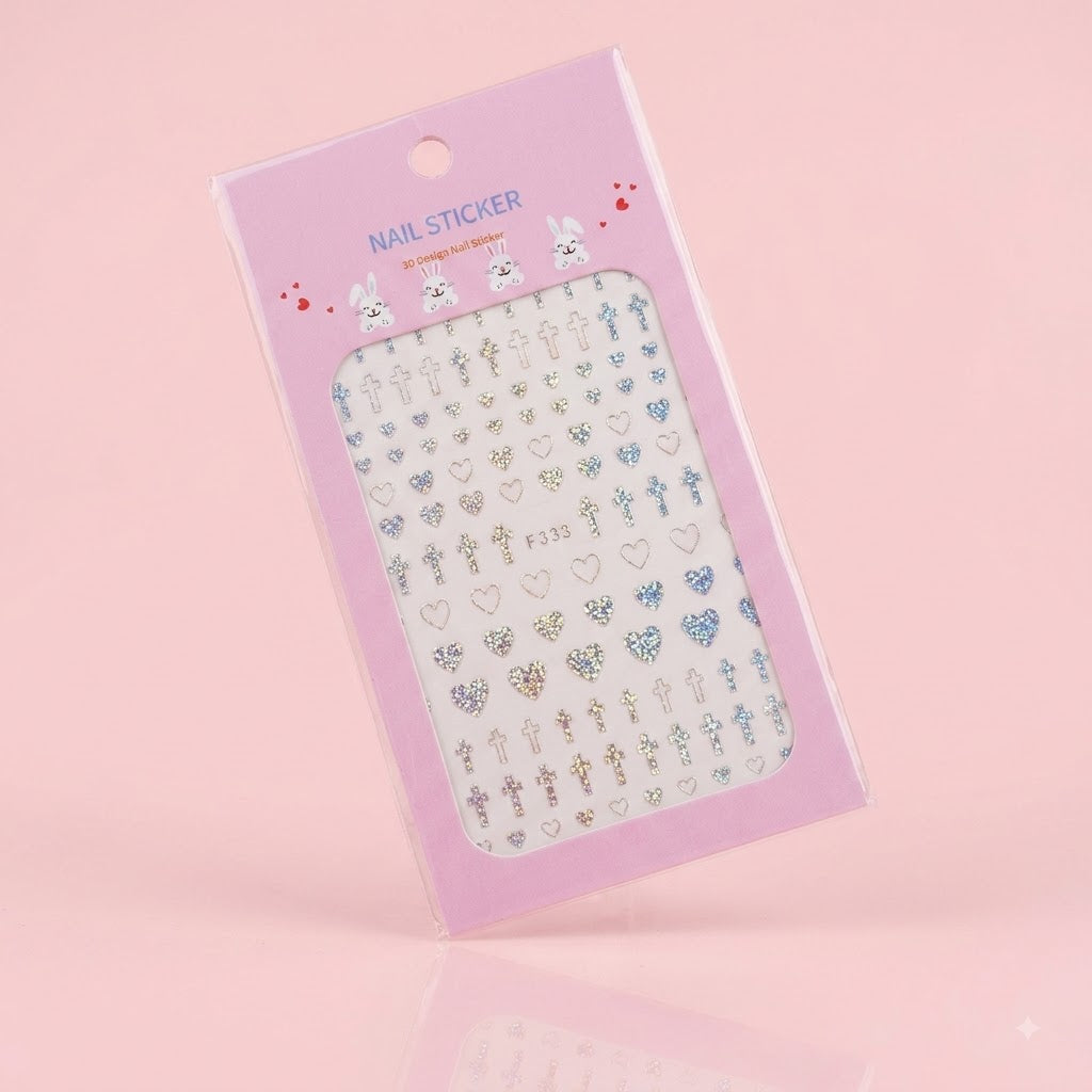 Nail Sticker 3D F333P – Corazones y Cruces Holográficas