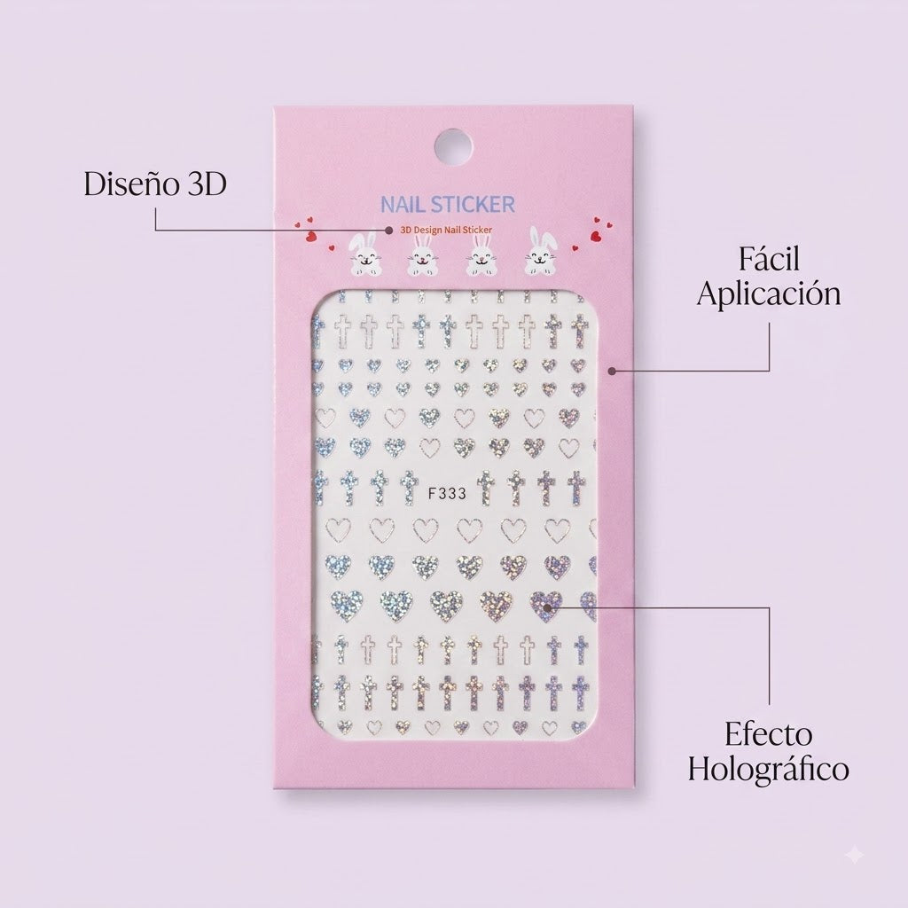 Nail Sticker 3D F333P – Corazones y Cruces Holográficas